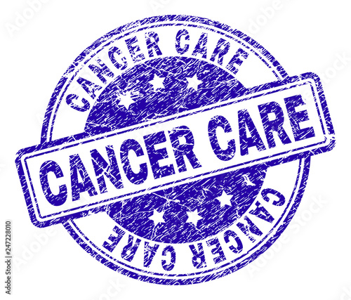 CANCER CARE stamp seal imprint with grunge texture. Designed with rounded rectangles and circles. Blue vector rubber print of CANCER CARE tag with dust texture.