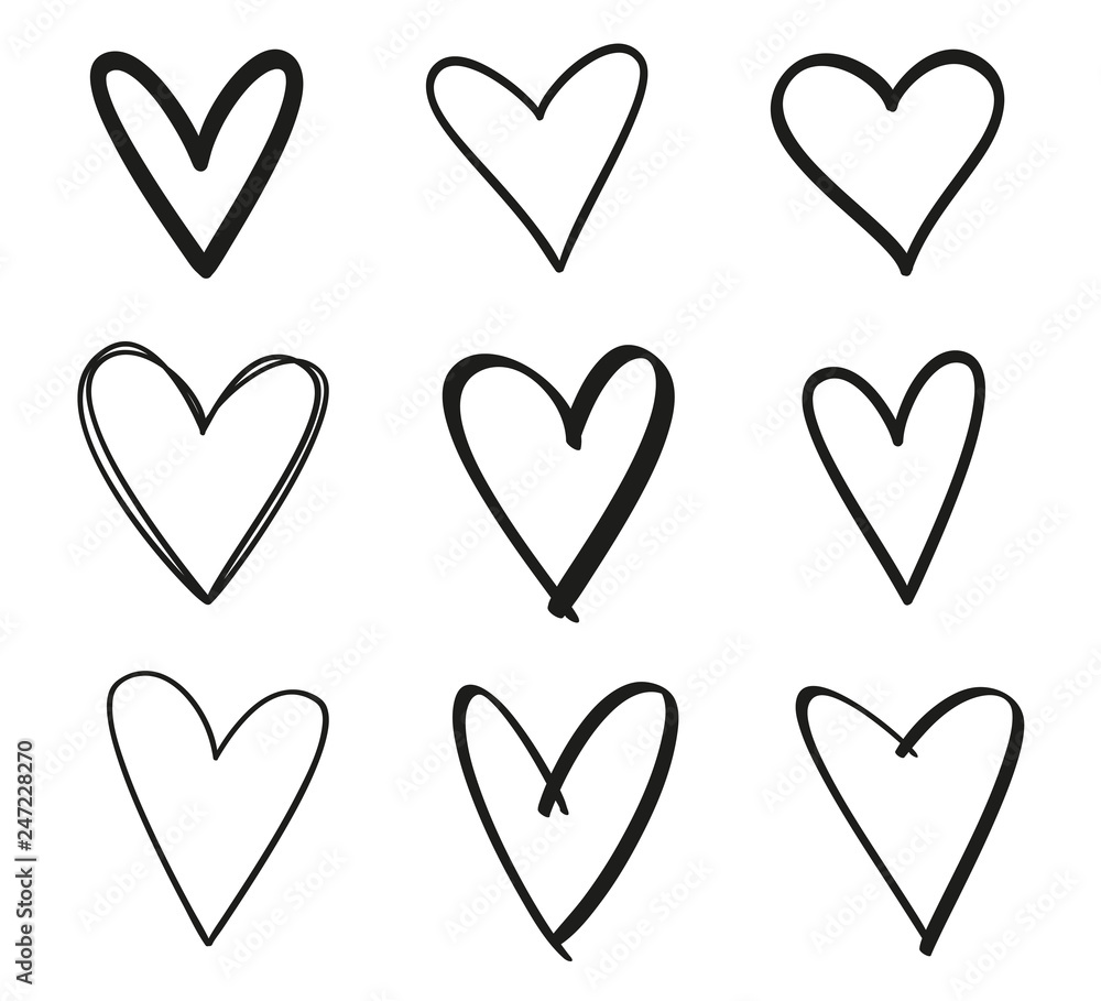 Hand drawn grunge hearts on isolated white background. Set of love