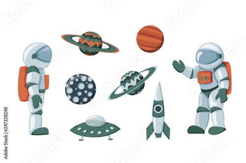 Cartoon spaceman, cosmonaut, spacesuit vector set isolated on white background