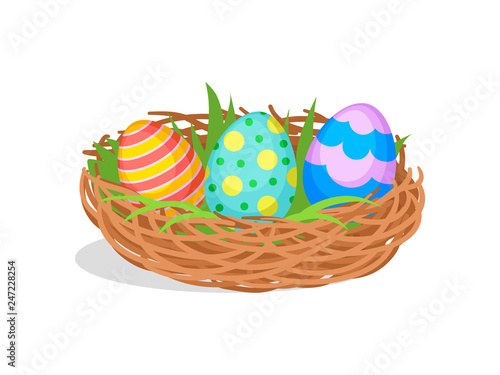 Three painted Easter eggs in brown nest with green grass. Cute holiday composition. Flat vector design