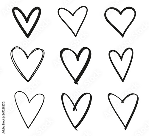 Hand drawn grunge hearts on isolated white background. Set of love signs. Unique image for design. Black and white illustration. Sketchy elements for design © mikabesfamilnaya