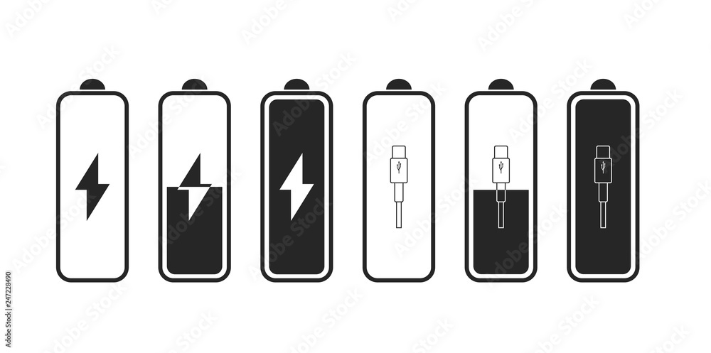 Set Energy Battery indicator icon with indicator, level of charge. Vector Illustration. White background. Set Energy Battery indicator icon with indicator, level of charge. Vector Illustration. White background.