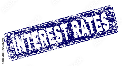 INTEREST RATES stamp seal imprint with grunge style. Seal shape is a rounded rectangle with frame. Blue vector rubber print of INTEREST RATES tag with grunge style.