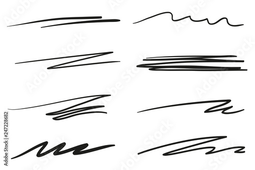 Hand drawn lettering underlines on white. Abstract backgrounds with array of lines. Stroke chaotic patterns. Black and white illustration. Sketchy elements for posters and flyers