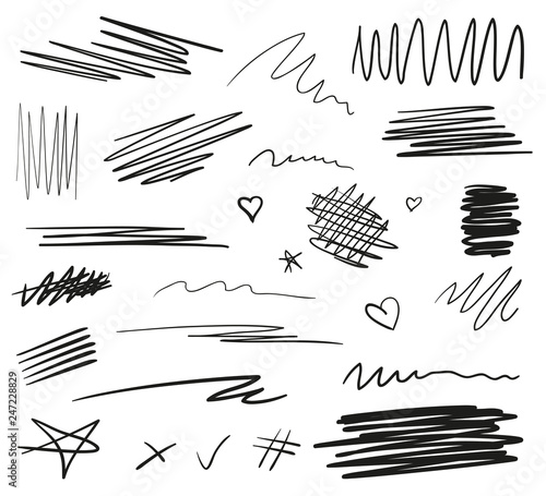 Infographic elements isolated on white. Set of different sketchy signs. Backgrounds with array of lines. Stroke chaotic backdrops. Hand drawn patterns. Black and white illustration. Elements for work