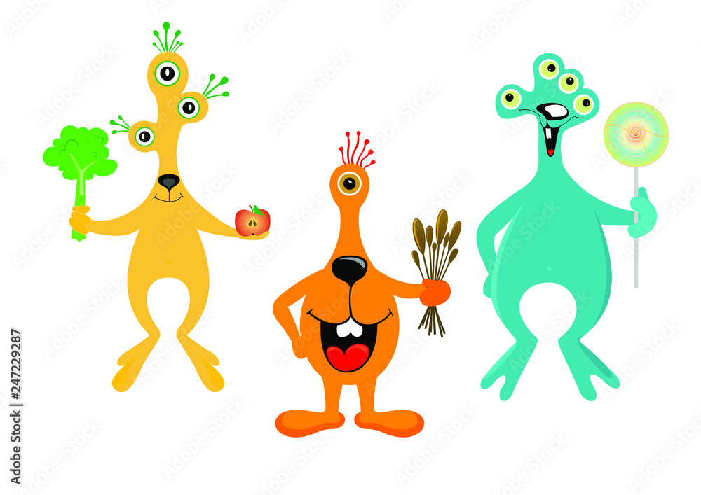 Naklejka premium Funny cute cartoon monsters on a white background. monsters with food in their hands
