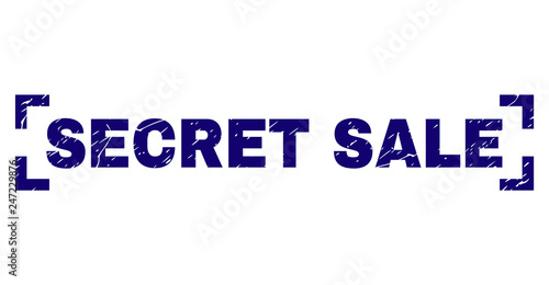 SECRET SALE label seal print with grunge style. Text label is placed between corners. Blue vector rubber print of SECRET SALE with unclean texture.