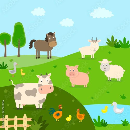 Farm animals with landscape - cow, pig, sheep, horse, rooster, chicken, duck, hen, goose. Cute cartoon vector illustration in flat style.