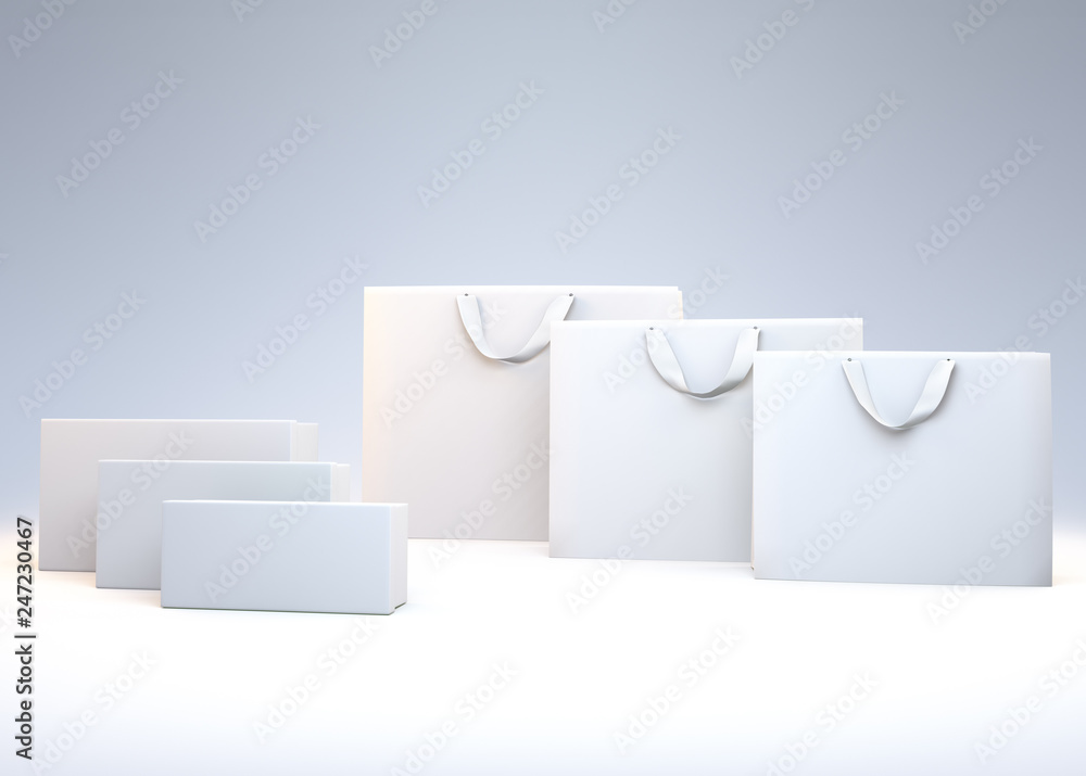 White shopping bags and boxes in abstract style. 3D illustration White shopping bags and boxes in abstract style. 3D illustration