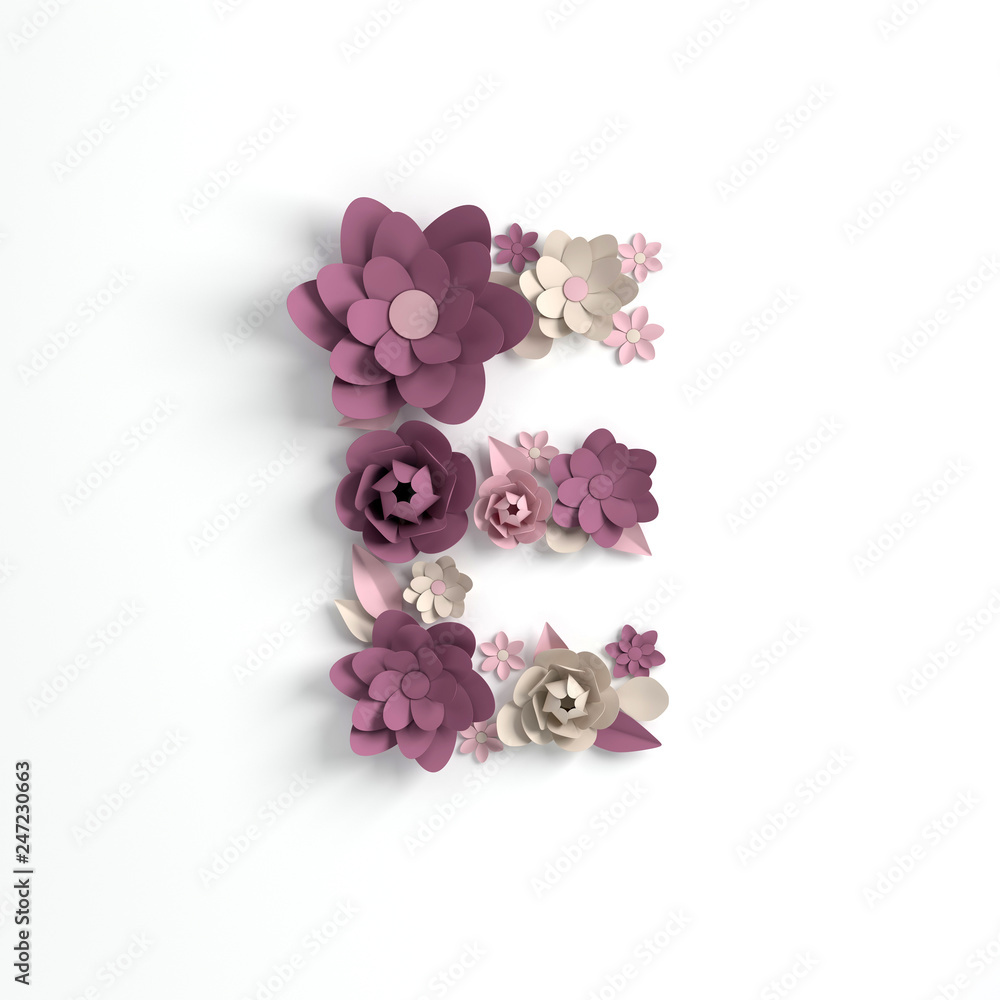 Paper flower alphabet letter E 3d render. Pastel colored flowers in modern paper art origami style. Flat lay digital illustration. Isolated on white Paper flower alphabet letter E 3d render. Pastel colored flowers in modern paper art origami style. Flat lay digital illustration. Isolated on white