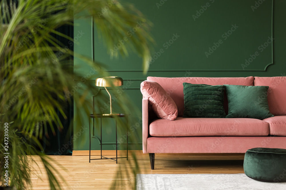 Emerald green pillows on pastel pink couch in stylish living room interior  with dark green wall Stock Photo | Adobe Stock
