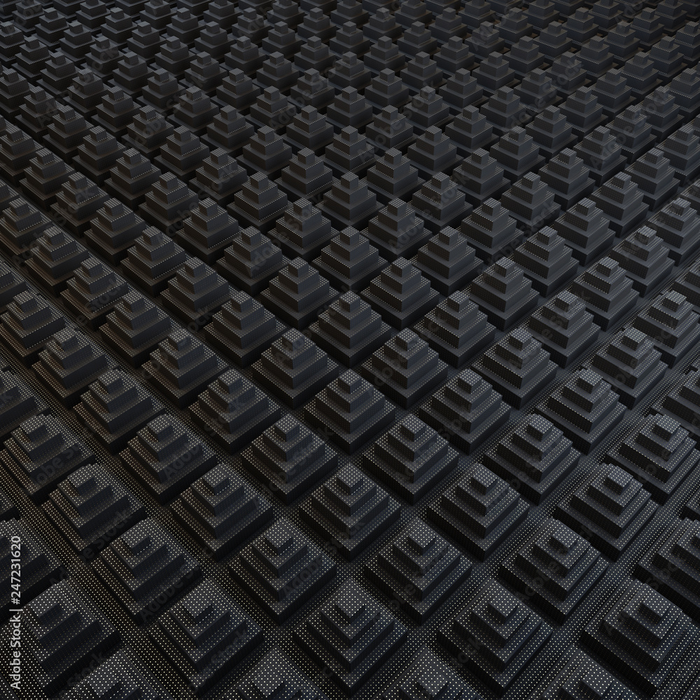 Abstract background of the pyramids. The surface consists of black pyramids. 3D illustration. Abstract background of the pyramids. The surface consists of black pyramids. 3D illustration.