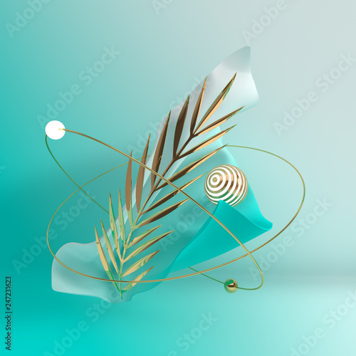 Luxury soft textile fabric in motion with golden metall tropic palm leaf and luminous sphere 3d render. Pastel colored waves. Abstract summer design, minimalistic background