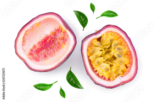 half of passion fruits isolated on white background. Isolated maracuya. Top view. Flat lay photo