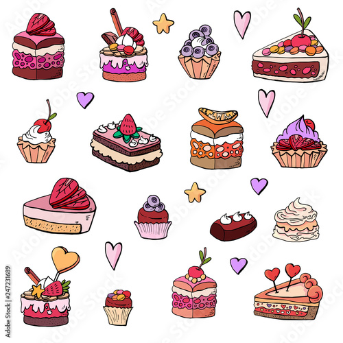 Cakes, cakes, baskets, desserts, sweets, souffles, shokalad, muffins on a white background