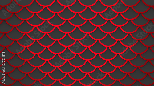 Red fish scales dark gray pattern marine background 3D illustration