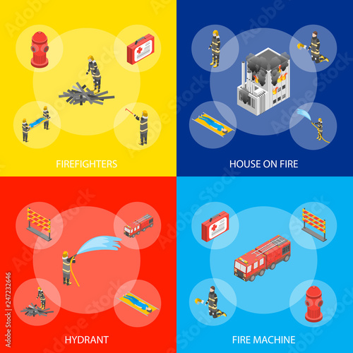 Firefighter and Building on Fire Concept Banner 3d Isometric View. Vector