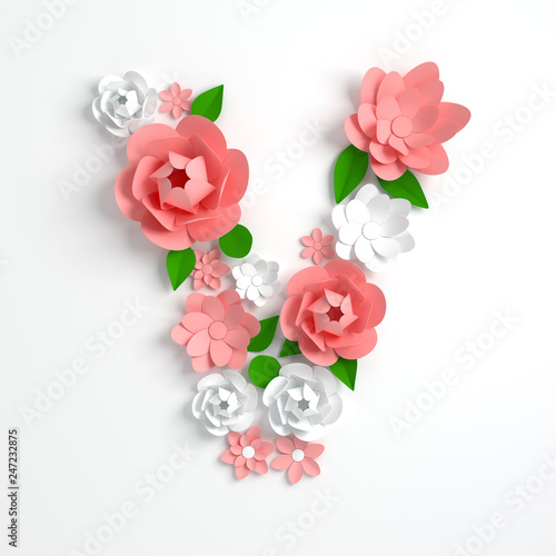 Paper flower alphabet letter V 3d render. Pastel colored flowers in modern paper art origami style. Flat lay digital illustration. Isolated on white © Meranna