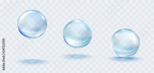 Collagen droplets set isolated on transparent background. Realistic vector clear dews, blue pure drops, water bubbles or glass balls template.