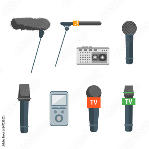 Cartoon Microphone Set Press Conference Element. Vector