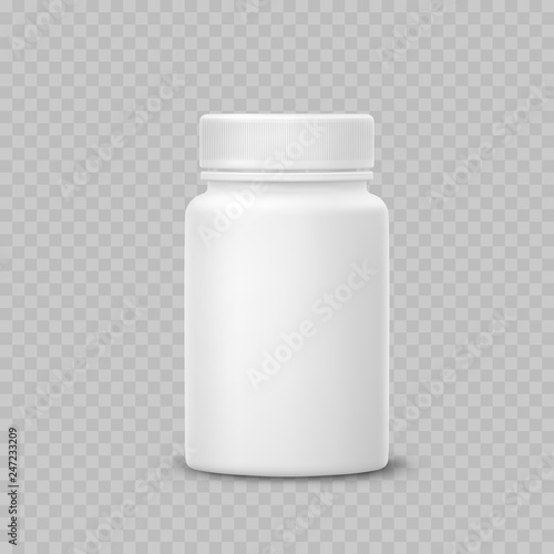 Bottle mockup isolated on transparent background. White medicine plastic package for pills, vitamins or capsules. Vector empty  jar, container mock up.