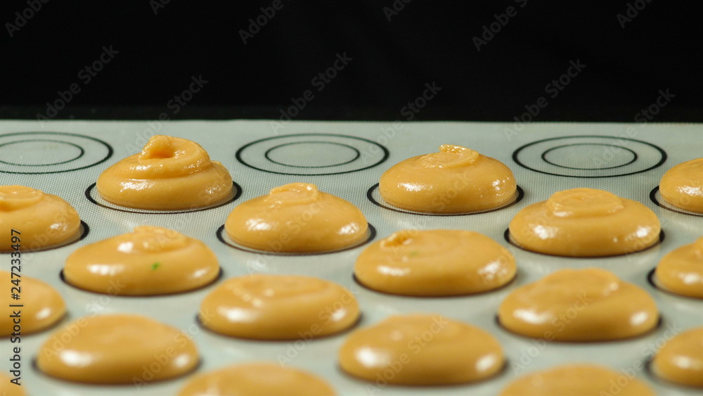 Traditional Christmas themed french macaroons on a baking dish. Traditional Christmas themed french macaroons on a baking dish.