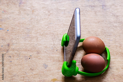 phone with green holder with two eggs on the cover of the artist's box