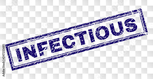 INFECTIOUS stamp seal print with rubber print style and double framed rectangle shape. Stamp is placed on a transparent background. Blue vector rubber print of INFECTIOUS tag with dirty texture.