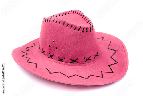 Beautiful red women’s hat. Original american cowboy hat isolated on white. Front, side view. Modern design.