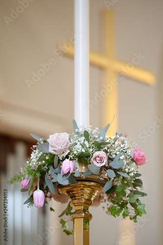 Pink rose and tulip pascal candle and cross