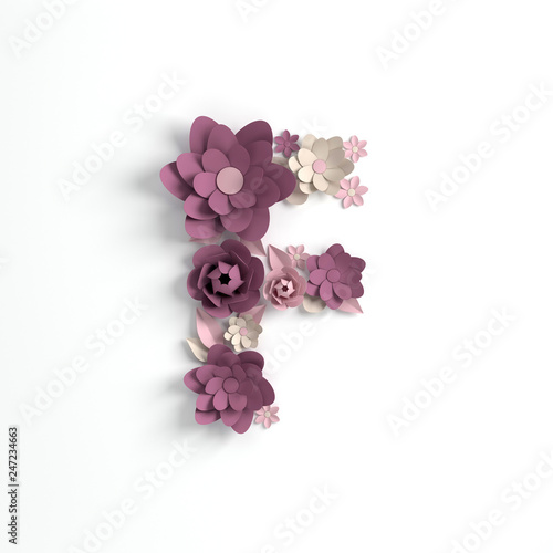 Paper flower alphabet letter F 3d render. Pastel colored flowers in modern paper art origami style. Flat lay digital illustration. Isolated on white