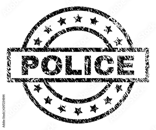 POLICE stamp seal watermark with distress style. Designed with rectangle, circles and stars. Black vector rubber print of POLICE tag with scratched texture.