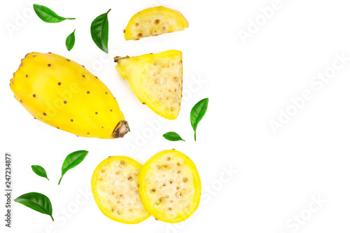 yellow prickly pear or opuntia isolated on a white background with copy space for your text. Top view. Flat lay