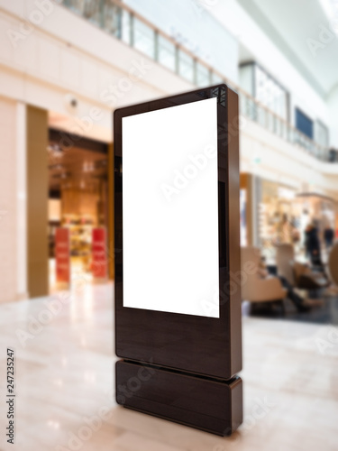 Digital media blank black and white screen modern panel, signboard for advertisement design in a shopping center, gallery. Mockup, mock-up, mock up with blurred background, digital kiosk.