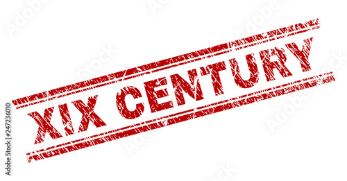 XIX CENTURY seal print with distress texture. Red vector rubber print of XIX CENTURY title with dirty texture. Text title is placed between double parallel lines.