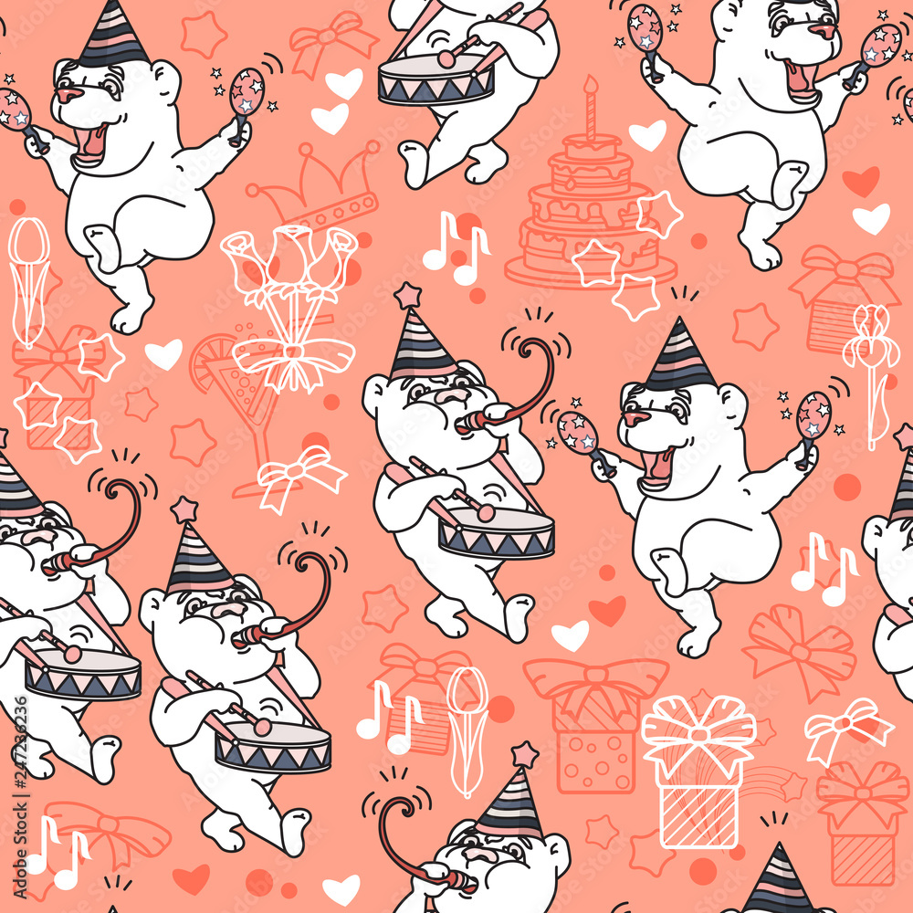 Vector Seamless pattern with cute bears in party hats.