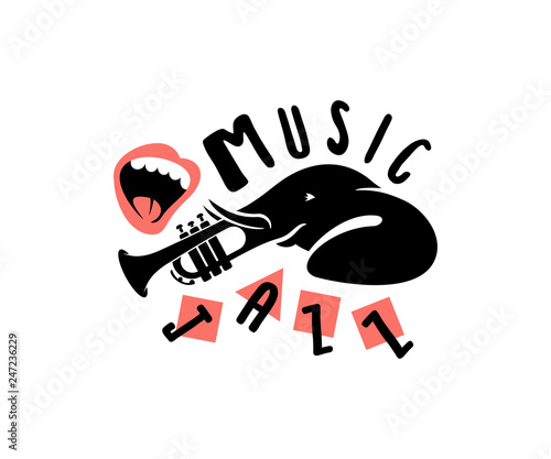Elephant animal, trunk-trumpet instrument and mouth, print typography design. Music, melody, jazz and plays an instrument, print on T-shirt and apparel, clothes, vector design and illustration