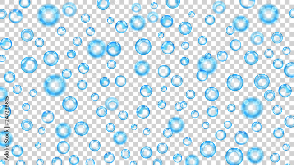 Translucent bubbles or water drops of different sizes in light blue colors on transparent background. Transparency only in vector format