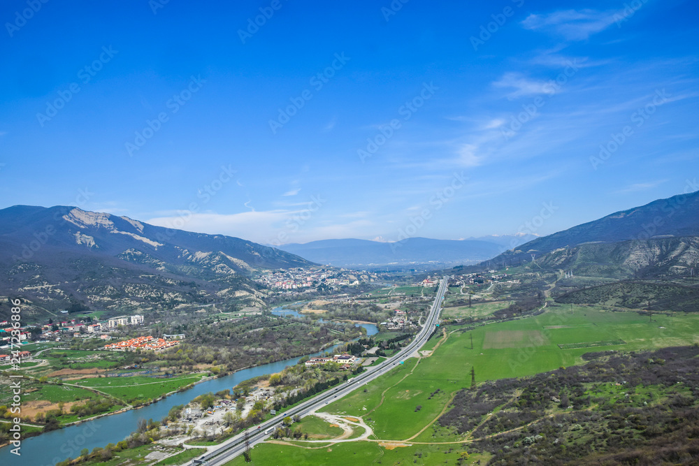 panoramic view from above on the separation of the confluence of the river
