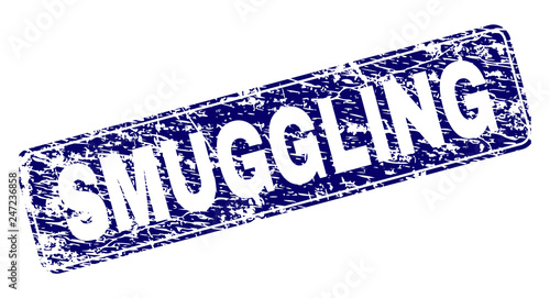 SMUGGLING stamp seal print with distress style. Seal shape is a rounded rectangle with frame. Blue vector rubber print of SMUGGLING tag with grunge style.