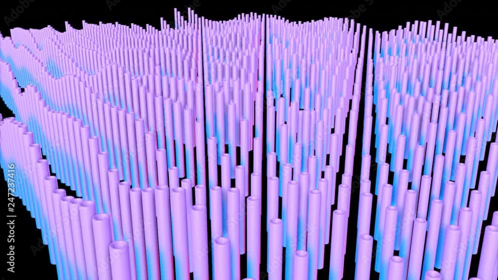 rows of three-dimensional turquoise-purple cylinders slowly move against a black background. abstraction moving screensaver. 3d render rows of three-dimensional turquoise-purple cylinders slowly move against a black background. abstraction moving screensaver. 3d render