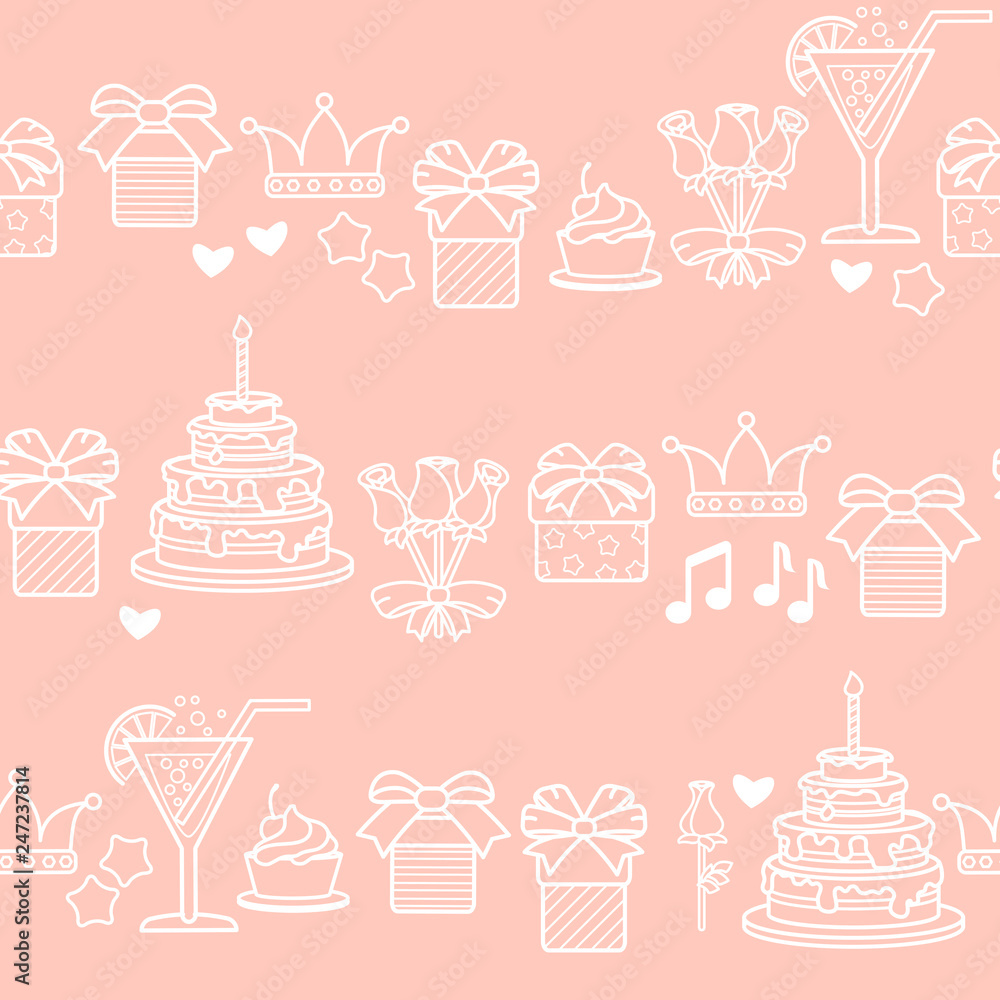 Vector seamless pattern with linear icons for birthday celebrations.