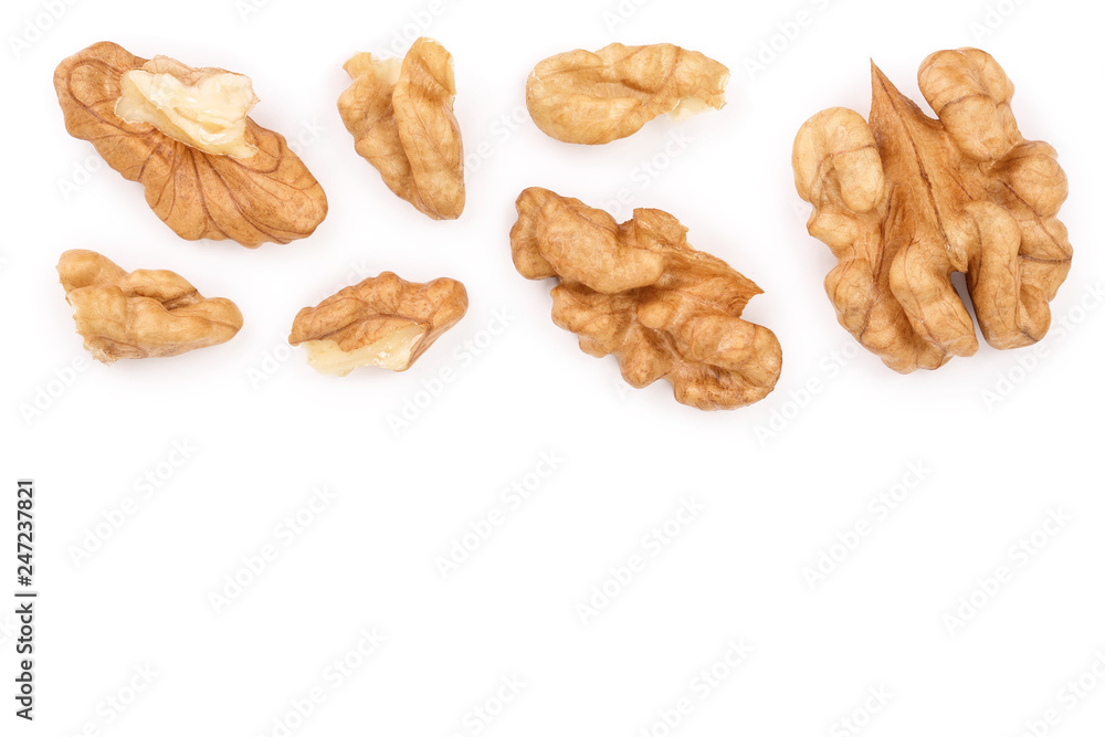 peelled Walnuts isolated on white background with copy space for your text. Top view. Flat lay peelled Walnuts isolated on white background with copy space for your text. Top view. Flat lay