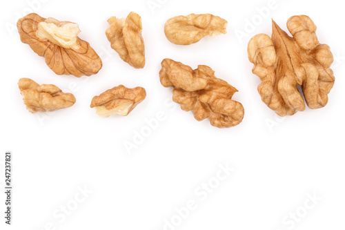 peelled Walnuts isolated on white background with copy space for your text. Top view. Flat lay