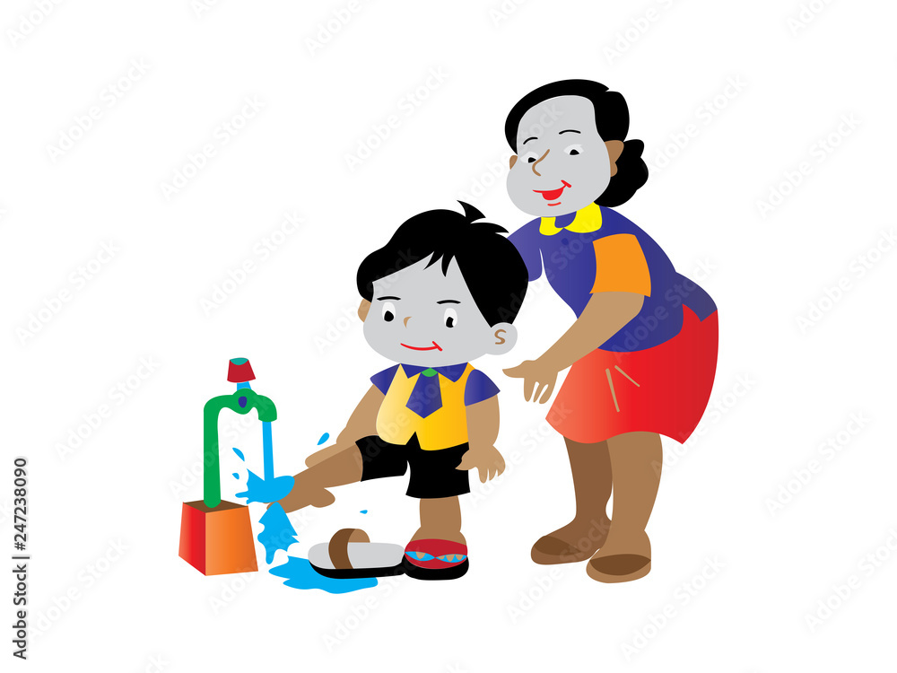 a mother teaches children to wash their feet a mother teaches children to wash their feet