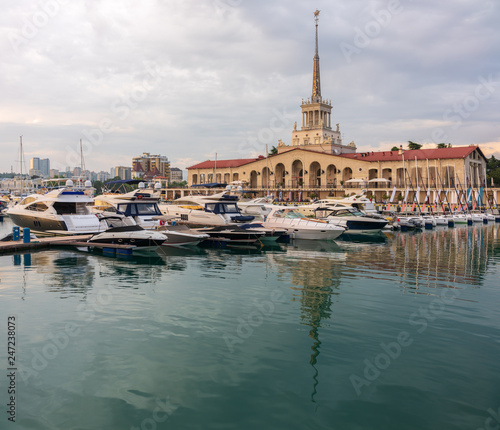 Sochi Marine Station and the marina next to it on a cloudy day.