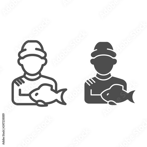Fisherman with fish line and glyph icon. Fisher and the catch vector illustration isolated on white. Angler outline style design, designed for web and app. Eps 10.