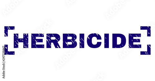 HERBICIDE caption seal imprint with grunge texture. Text tag is placed between corners. Blue vector rubber print of HERBICIDE with grunge texture.