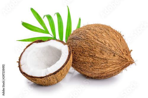 coconut with leaves isolated on white background