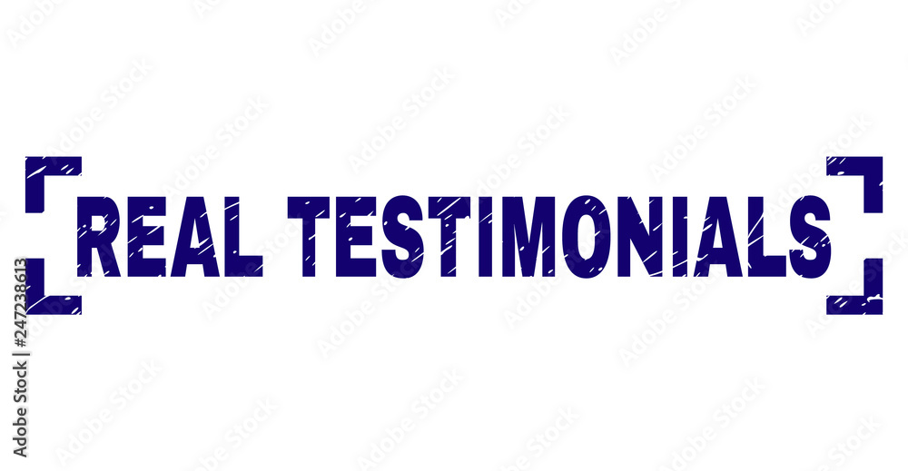 REAL TESTIMONIALS title seal print with grunge style. Text title is placed inside corners. Blue vector rubber print of REAL TESTIMONIALS with grunge texture.